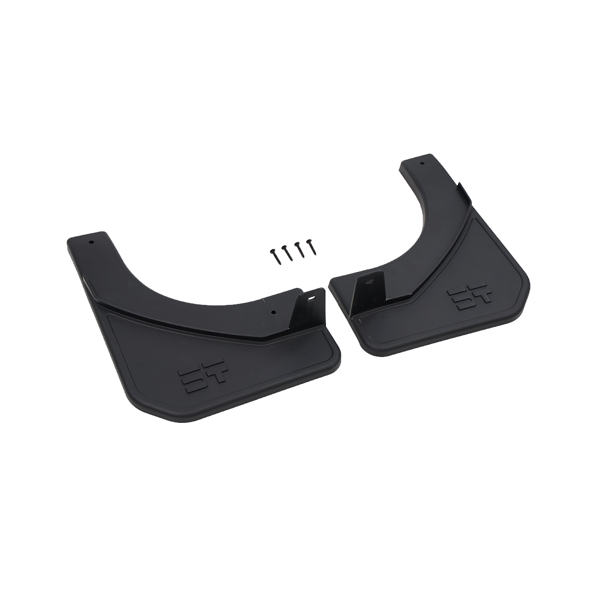 Real-life installation of Jetour G700 mudguards on a vehicle tire, paired with a product shot of the two-piece gloss black mud flap kit and mounting screws.